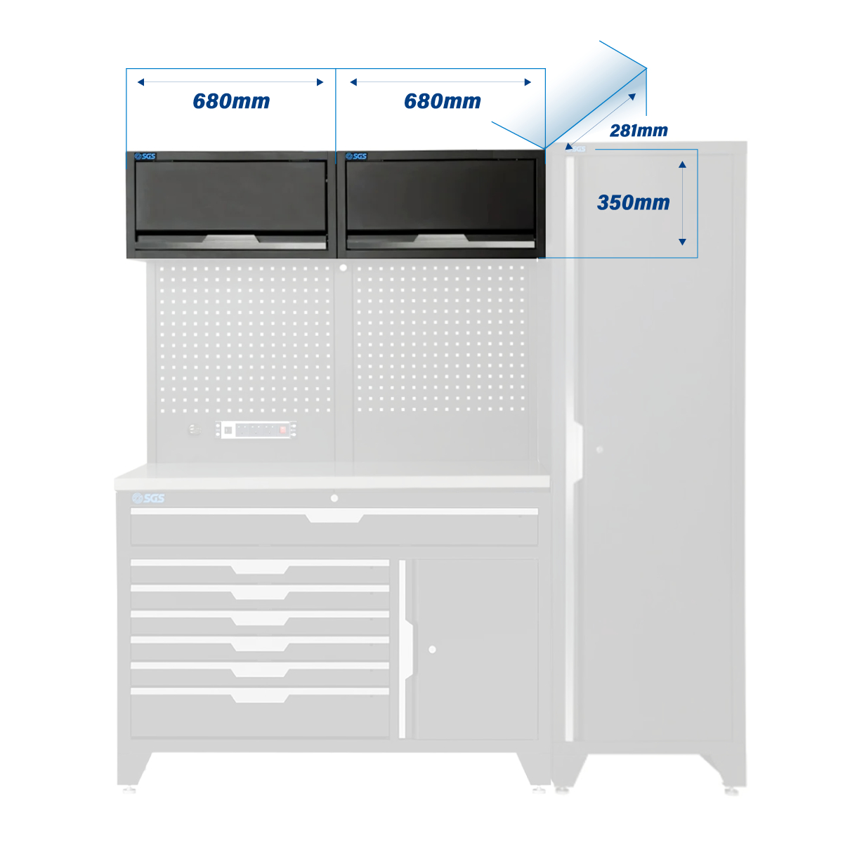 SGS 7pc Modular Garage Storage | Deeper Stainless Steel Double Worktop | 7 Drawers | 3x Lift‑Up Wall Cabinets | Deep Tall Single Cabinet | Pegboard with Power Strip